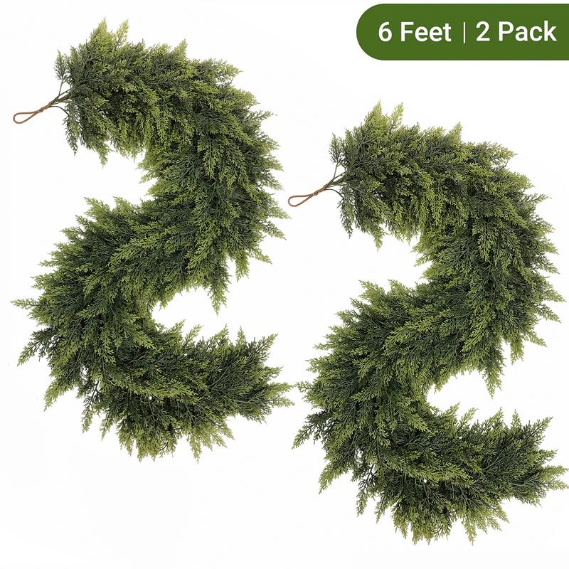 Real Touch Artificial Cedar Garland 6FT 2 Pack – Natural Looking Greenery Decor for Walls, Mantels, Christmas & Home Decoration