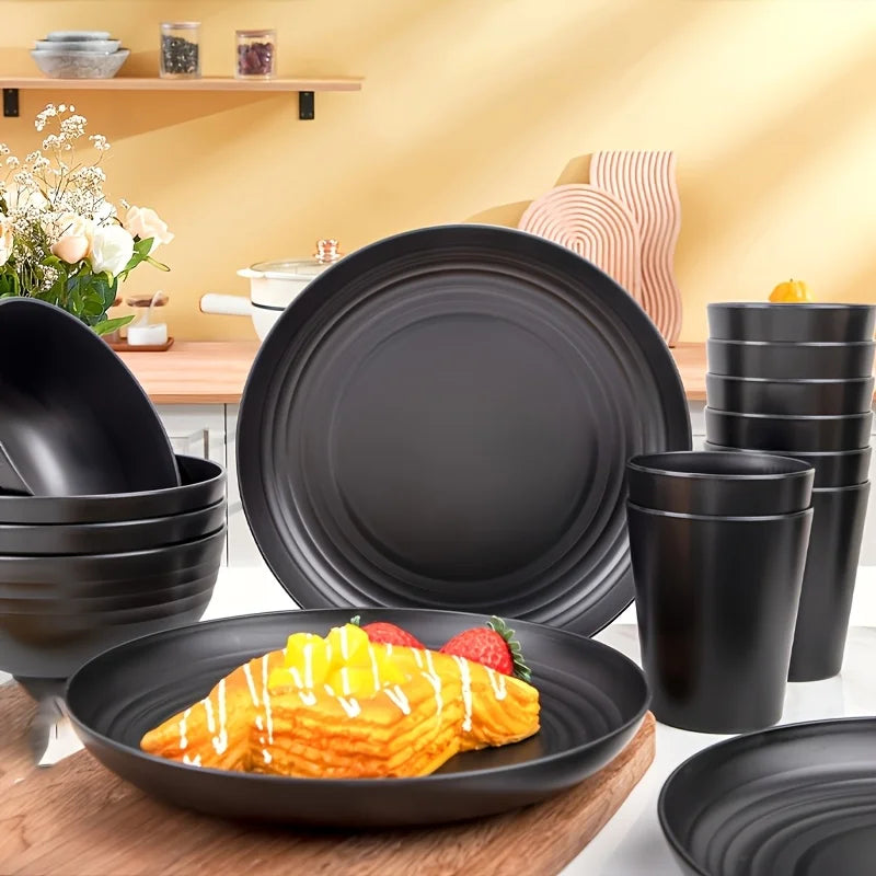 16pcs Unbreakable Tableware Set Shatterproof 8 Plates 4 Bowls 4 Cups Microwave Dishwasher Safe for Camping Daily Use Black