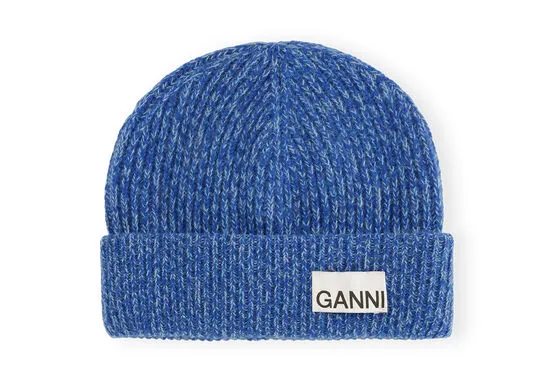 Accessories GANNI Hats Blue Fitted Wool Rib Knit Beanie Nautical Blue