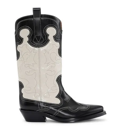 AccessoriesShoes GANNI Boots BlackWhite Mid Shaft Embroidered Western Boots Blackegret