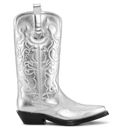 AccessoriesShoes GANNI Boots Silver Mid Shaft Embroidered Western Boots Silver
