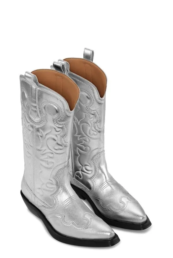 AccessoriesShoes GANNI Boots Silver Mid Shaft Embroidered Western Boots Silver AccessoriesShoes GANNI Boots Silver Mid Shaft Embroidered Western Boots Silver