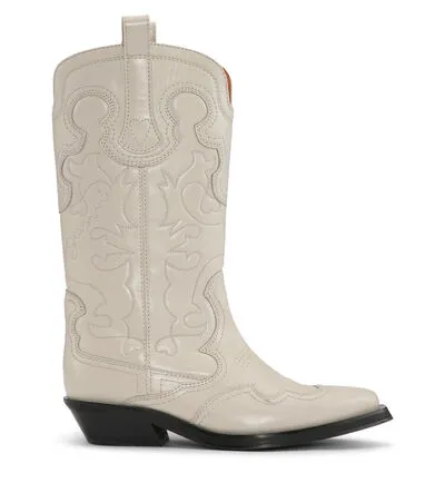AccessoriesShoes GANNI Boots White Mid Shaft Embroidered Western Boots Egret