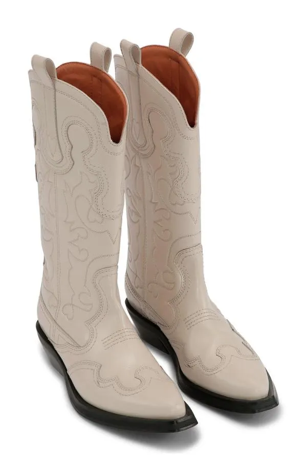 AccessoriesShoes GANNI Boots White Mid Shaft Embroidered Western Boots Egret