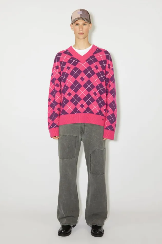 Acne Studios Argyle Jacquard Wool Jumper Bright Pinkmid Purple Men Knitwear