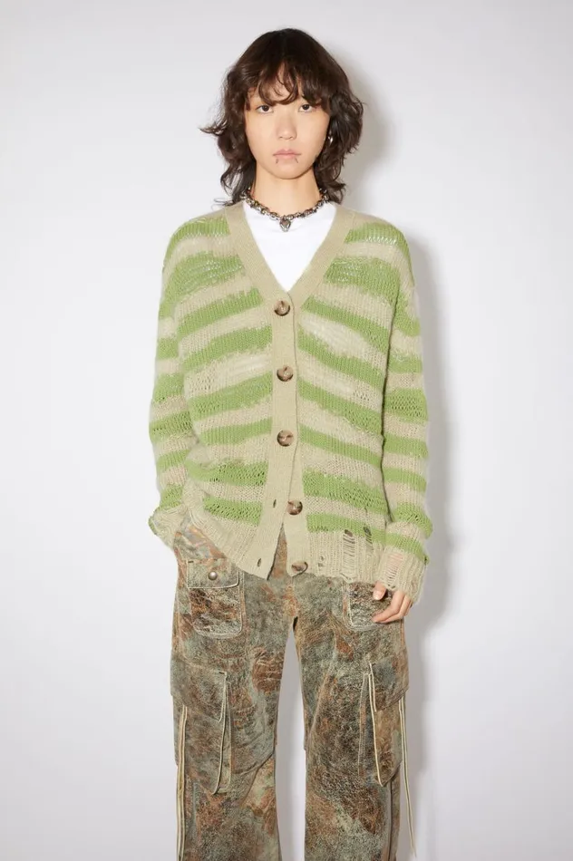 Acne Studios Distressed Stripe Cardigan Sage Greenapple Green Women Knitwear