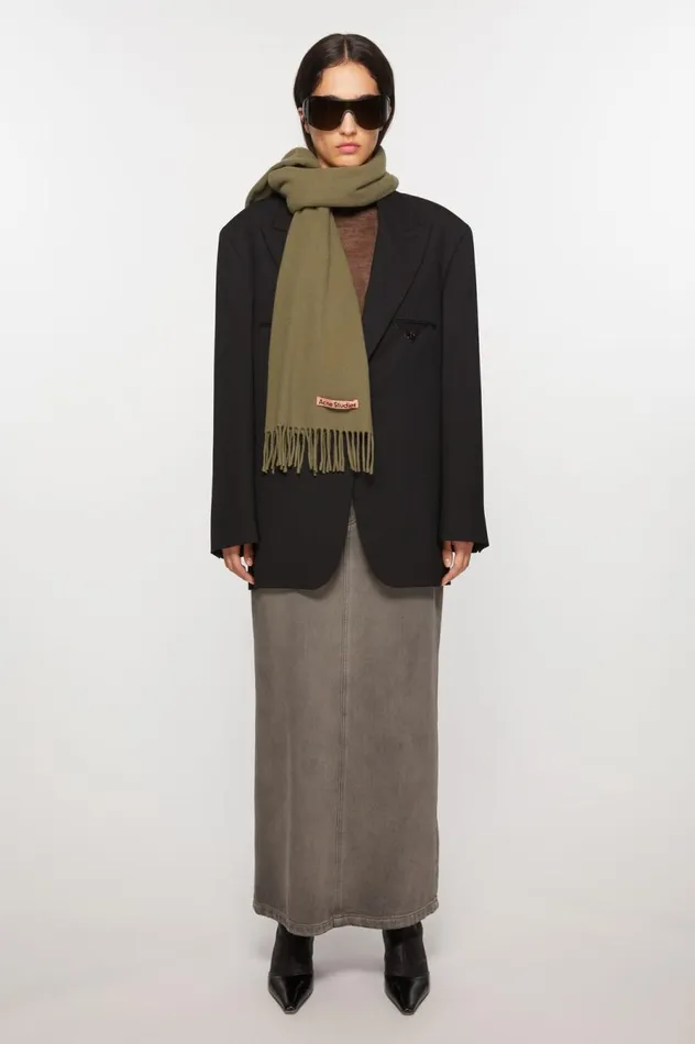 Acne Studios Fringe Wool Scarf 8211 Skinny Khaki Green Women Scarves
