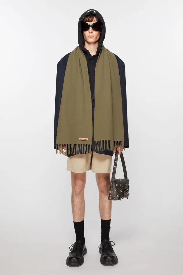 Acne Studios Fringe Wool Scarf 8211 Skinny Khaki Green Women Scarves