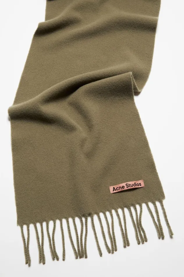 Acne Studios Fringe Wool Scarf 8211 Skinny Khaki Green Women Scarves