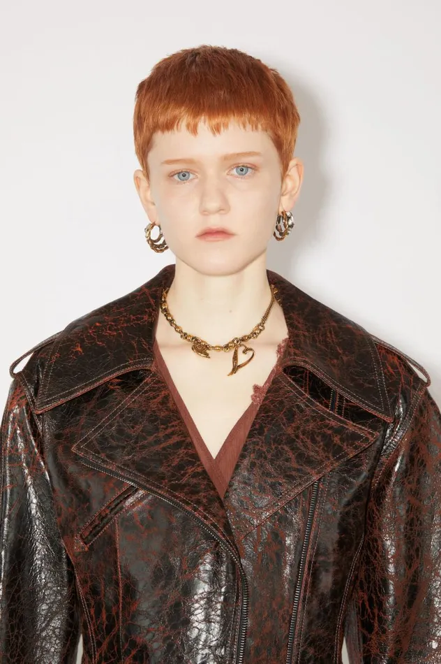 Acne Studios Hourglass Leather Biker Jacket Orangeblack Women Outerwear