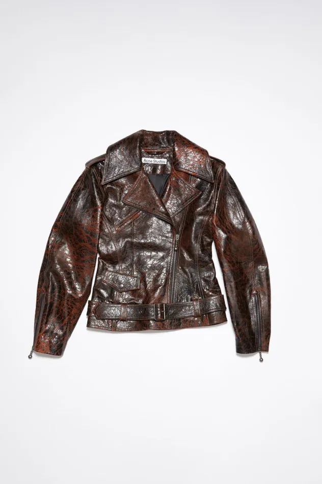 Acne Studios Hourglass Leather Biker Jacket Orangeblack Women Outerwear