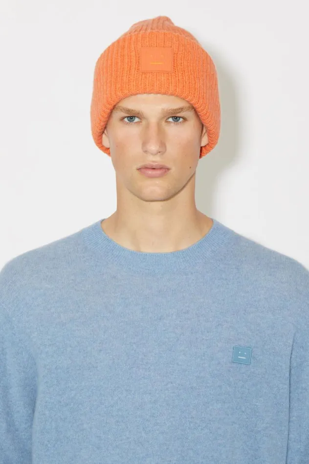 Acne Studios Large Face Logo Beanie Mandarin Orange Melange Men Hats