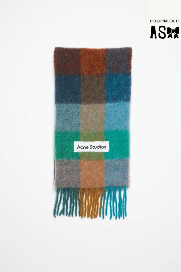 Acne Studios Mohair Checked Scarf Turquoisecamelblue Women Scarves