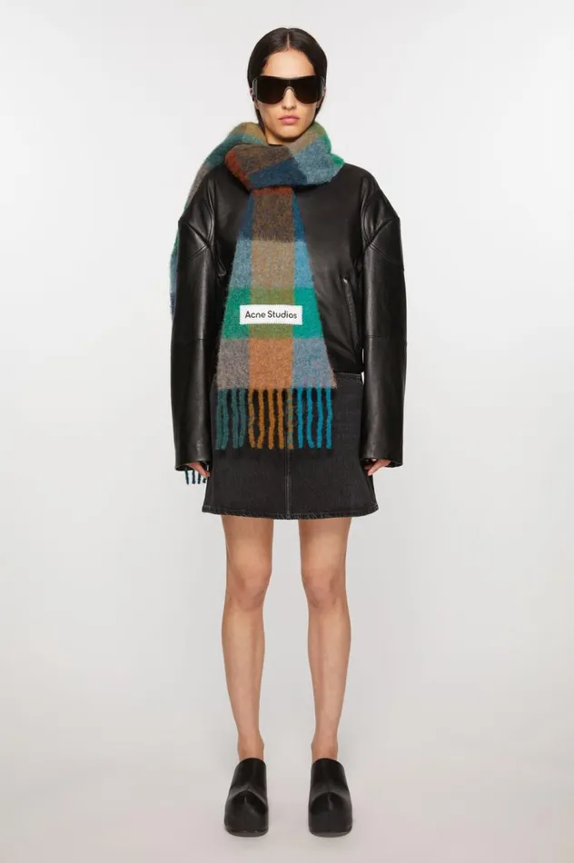 Acne Studios Mohair Checked Scarf Turquoisecamelblue Women Scarves