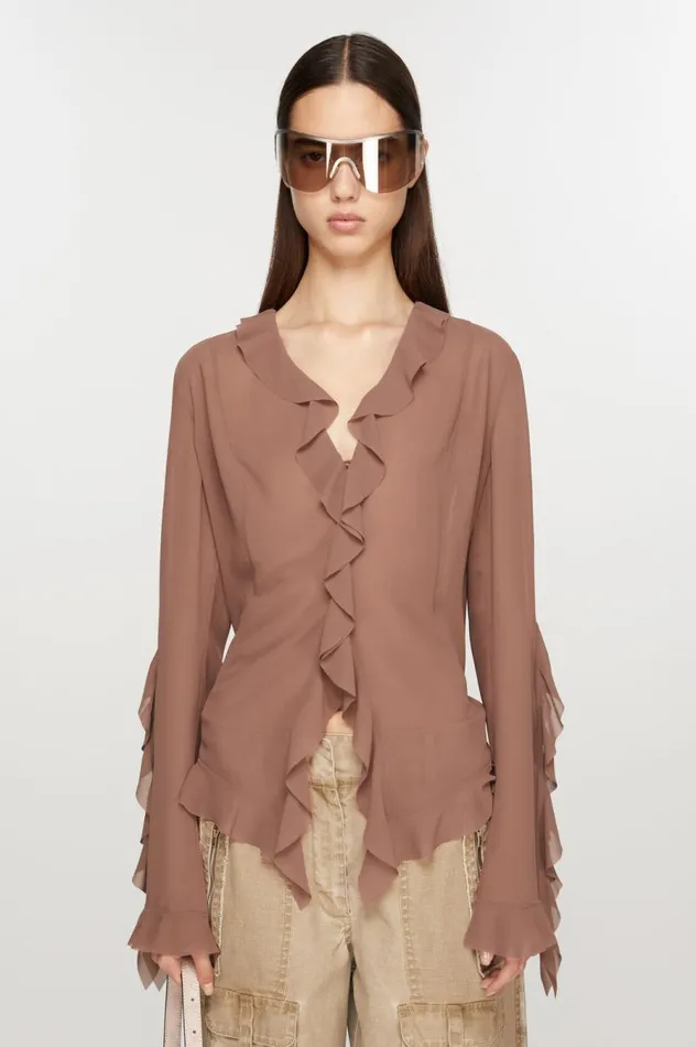 Acne Studios Ruffle Blouse Toffee Brown Women Shirts and Blouses