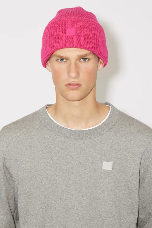 Acne Studios Small Face Logo Beanie Bright Pink Women Hats