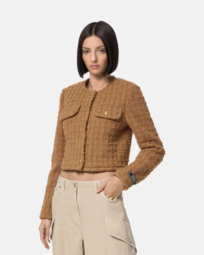 Blazer and Jackets Women Versace Heritage Tweed Cardigan Jacket Brown