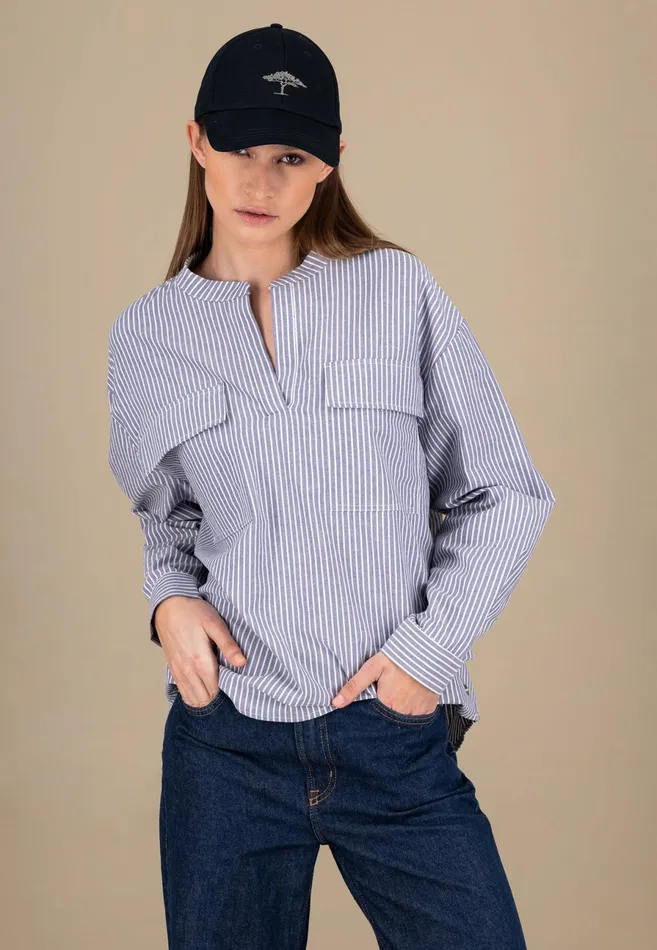 Blouses Women FYNCHHATTON Cotton Blouse With Subtle Strip Pattern Blue Purple