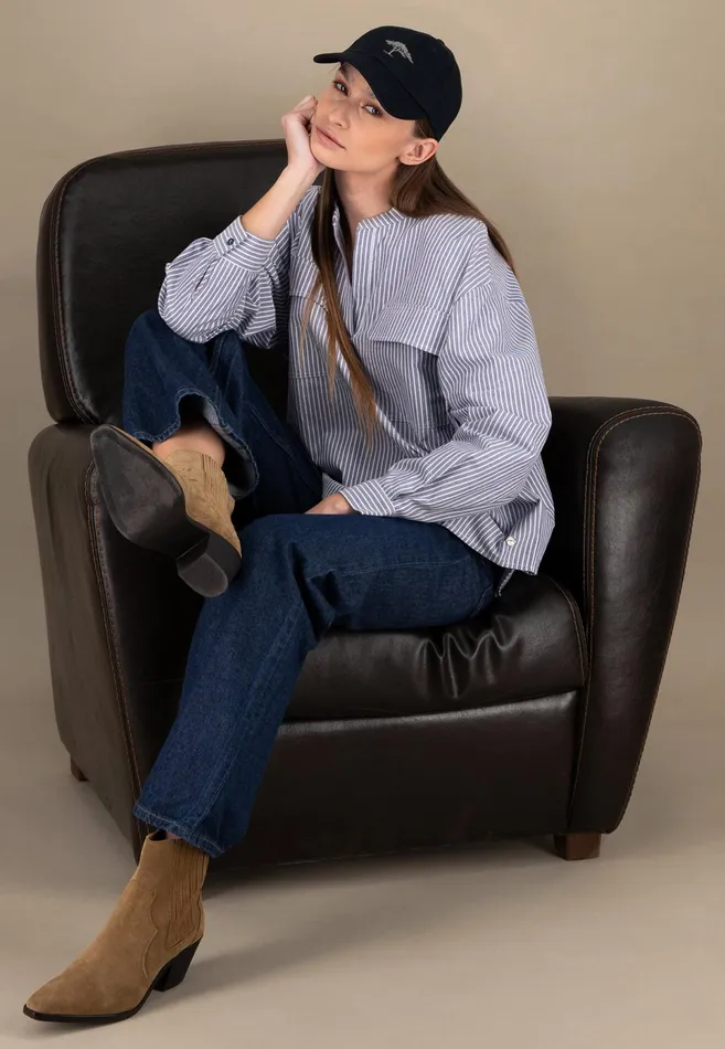 Blouses Women FYNCHHATTON Cotton Blouse With Subtle Strip Pattern Blue Purple