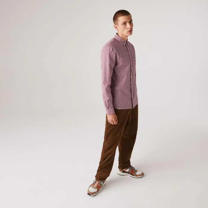 Button Down Shirts Men Lacoste Men039s Regular Fit Gingham Oxford Cotton Shirt White Bordeaux 825