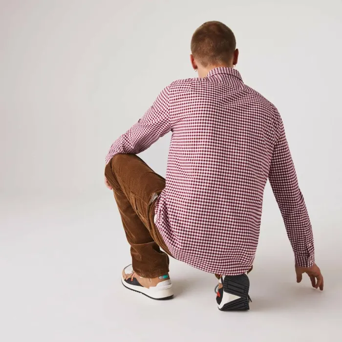 Button Down Shirts Men Lacoste Men039s Regular Fit Gingham Oxford Cotton Shirt White Bordeaux 825