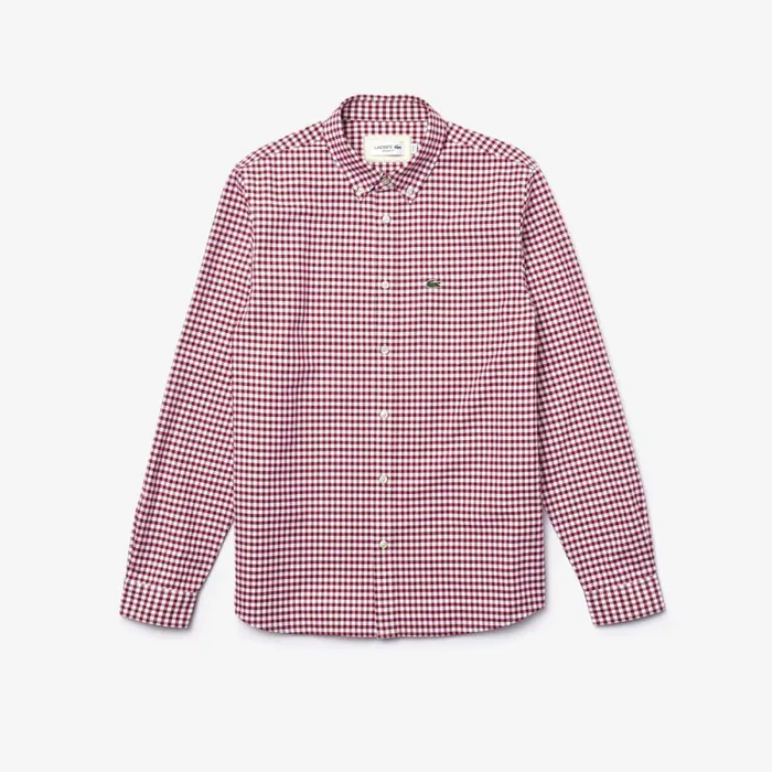 Button Down Shirts Men Lacoste Men039s Regular Fit Gingham Oxford Cotton Shirt White Bordeaux 825