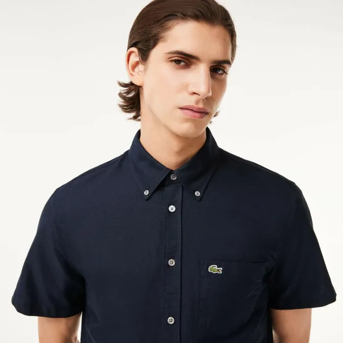 Button Down Shirts Men Lacoste Men039s Regular Fit Short Sleeve Oxford Shirt Navy Blue F2w