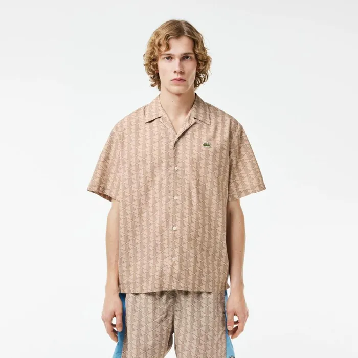 Button Down Shirts Men Lacoste Men039s Short Sleeved Monogram Print Shirt Beige Brown Irp