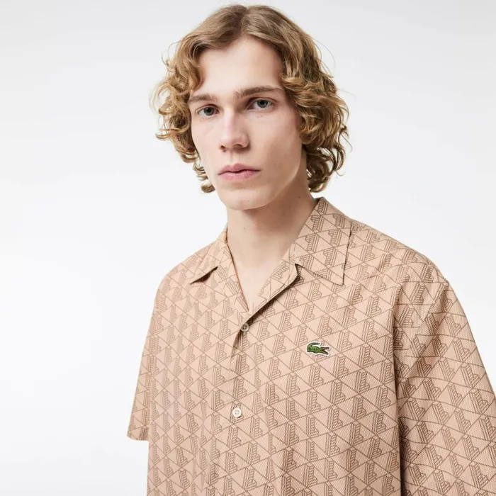 Button Down Shirts Men Lacoste Men039s Short Sleeved Monogram Print Shirt Beige Brown Irp