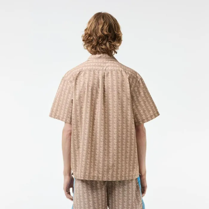 Button Down Shirts Men Lacoste Men039s Short Sleeved Monogram Print Shirt Beige Brown Irp