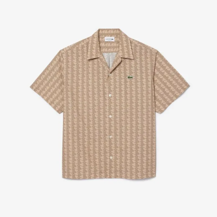 Button Down Shirts Men Lacoste Men039s Short Sleeved Monogram Print Shirt Beige Brown Irp