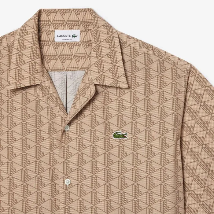 Button Down Shirts Men Lacoste Men039s Short Sleeved Monogram Print Shirt Beige Brown Irp
