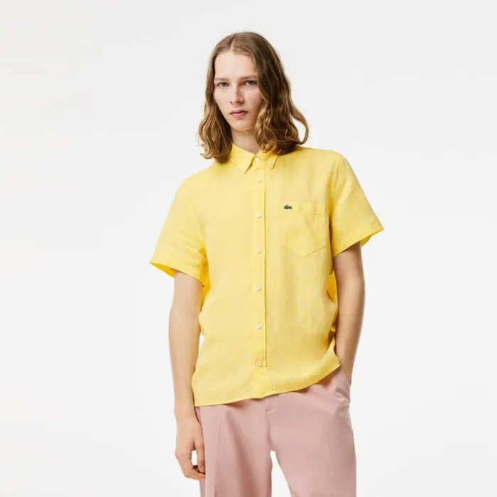 Button Down Shirts Men Lacoste Mens Short Sleeve Linen Shirt Pastel Yellow 107