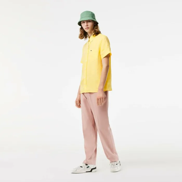 Button Down Shirts Men Lacoste Mens Short Sleeve Linen Shirt Pastel Yellow 107