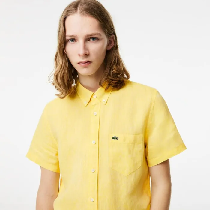 Button Down Shirts Men Lacoste Mens Short Sleeve Linen Shirt Pastel Yellow 107