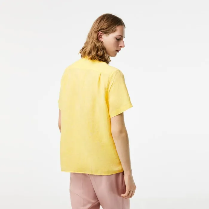 Button Down Shirts Men Lacoste Mens Short Sleeve Linen Shirt Pastel Yellow 107