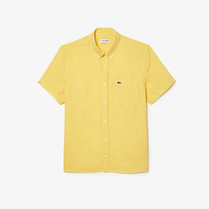 Button Down Shirts Men Lacoste Mens Short Sleeve Linen Shirt Pastel Yellow 107