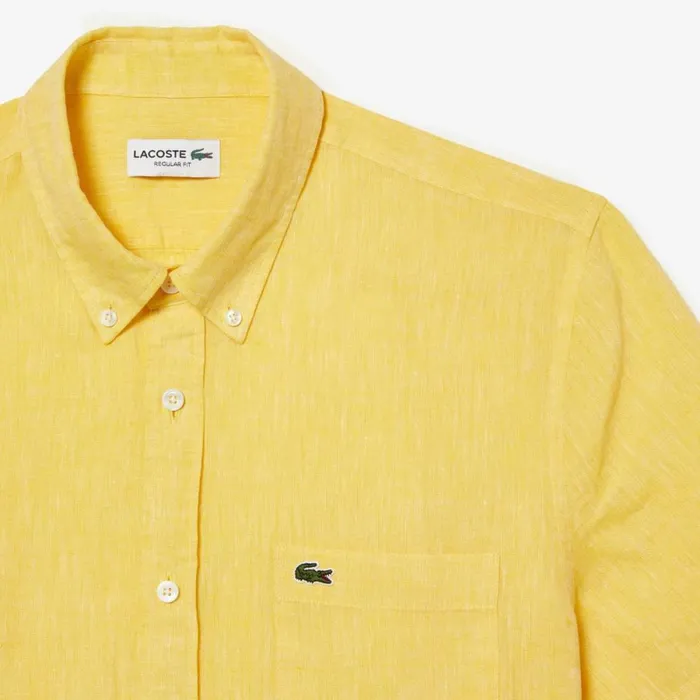 Button Down Shirts Men Lacoste Mens Short Sleeve Linen Shirt Pastel Yellow 107