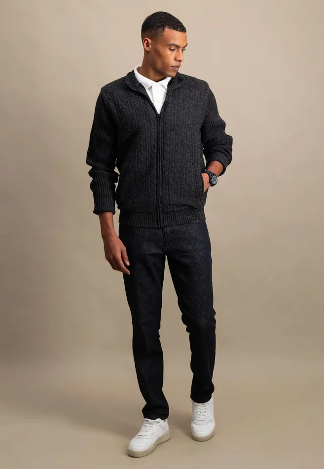 Cardigan Men FYNCHHATTON Parting Jacket Made Of Wool With A Braid Pattern And Zipper Steelnavy