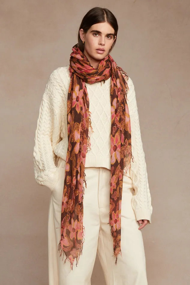 Chan Luu Scarves Cashmere And Silk Scarf Fired Brick Meadow Floral 8211 Women