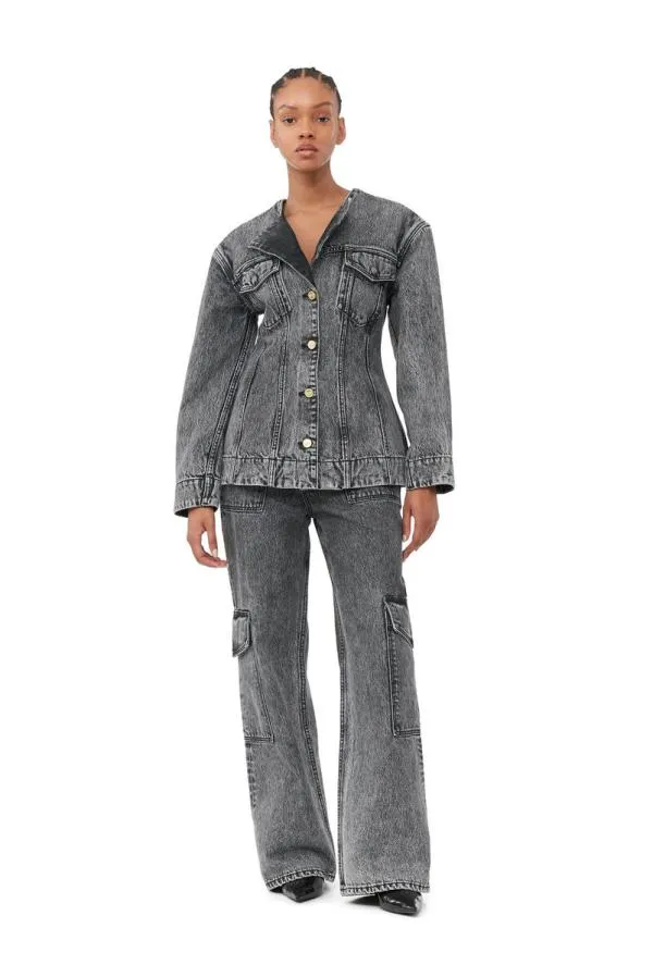 Clothing GANNI CoOrds Snow Washed Denim Fitted Blazer Black Washed