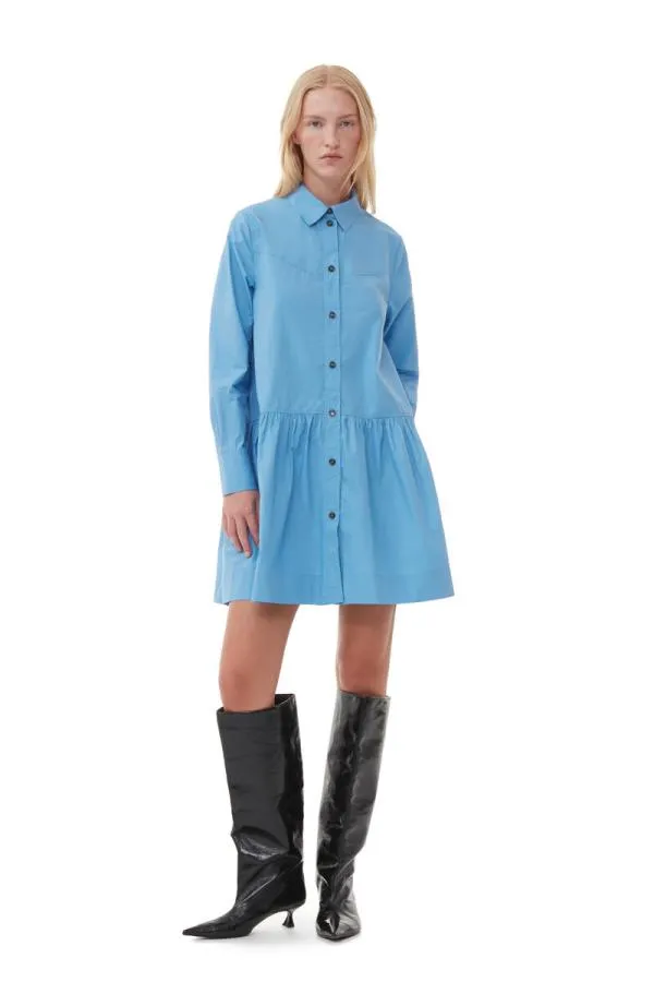 Clothing GANNI Dresses Blue Cotton Poplin Mini Shirt Dress Silver Lake Blue
