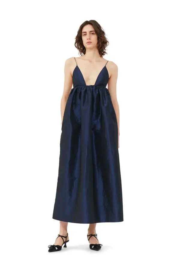 Clothing GANNI Dresses Blue Shiny Taffeta Strap Dress Sodalite Blue