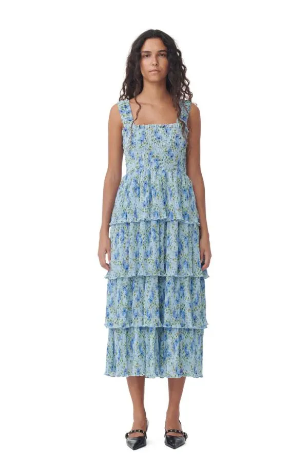 Clothing GANNI Dresses Pleated Georgette Smock Midi Dress Ice Water