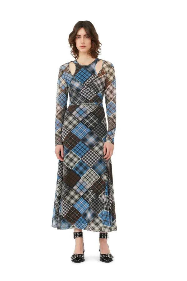 Clothing GANNI Dresses Printed Mesh Wrap Maxi Dress Silver Lake Blue