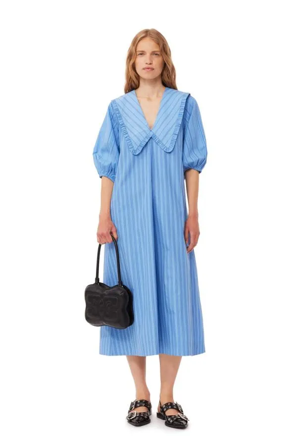 Clothing GANNI Dresses Recut Striped Cotton VNeck Maxi Dress Silver Lake Blue Clothing GANNI Dresses Recut Striped Cotton VNeck Maxi Dress Silver Lake Blue
