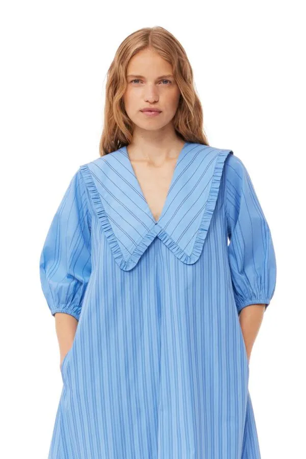 Clothing GANNI Dresses Recut Striped Cotton VNeck Maxi Dress Silver Lake Blue
