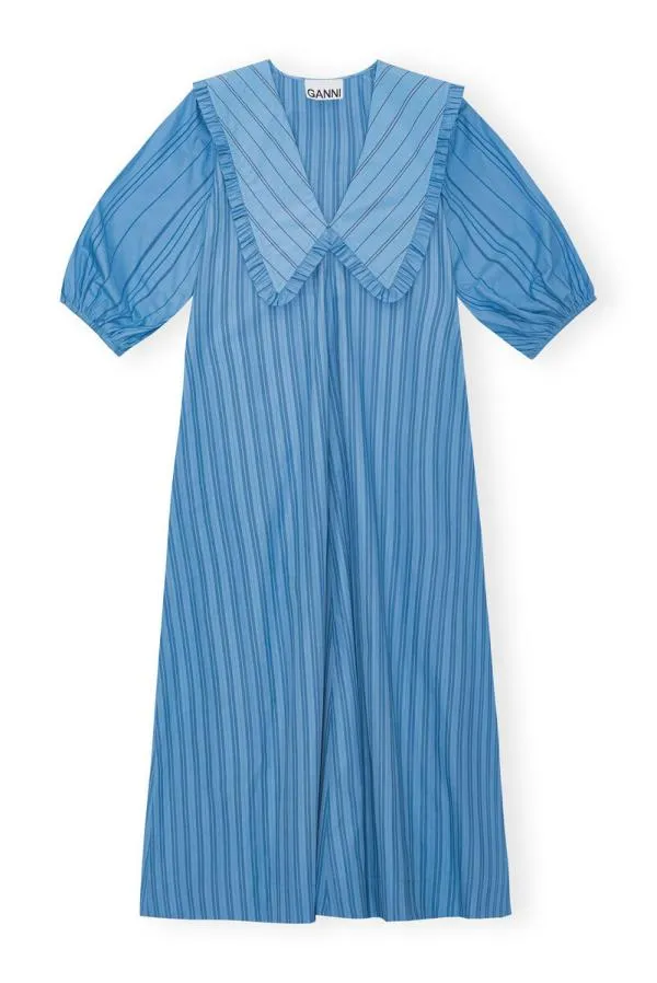 Clothing GANNI Dresses Recut Striped Cotton VNeck Maxi Dress Silver Lake Blue
