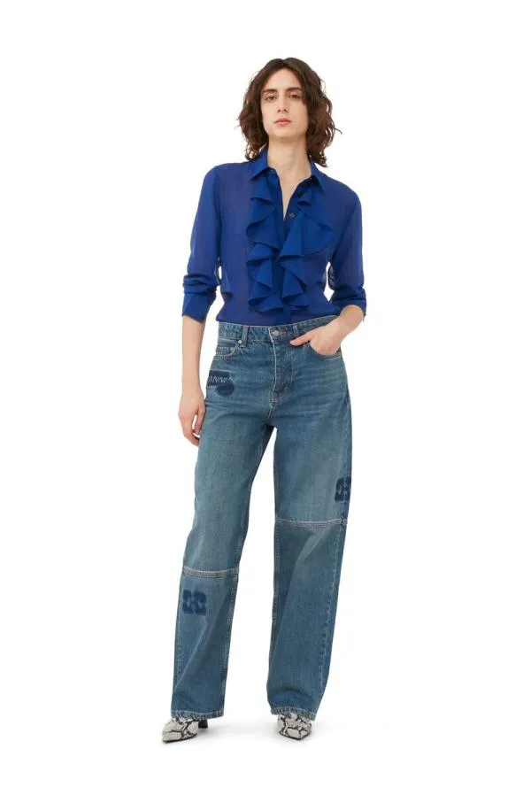 Clothing GANNI Extended Sizes Blue Chiffon Ruffle Shirt Sodalite Blue