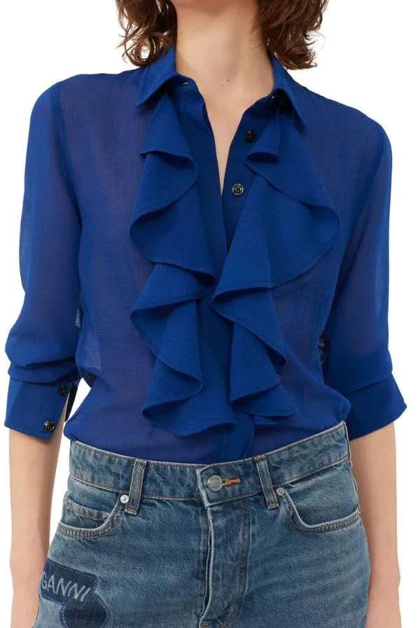 Clothing GANNI Extended Sizes Blue Chiffon Ruffle Shirt Sodalite Blue Clothing GANNI Extended Sizes Blue Chiffon Ruffle Shirt Sodalite Blue
